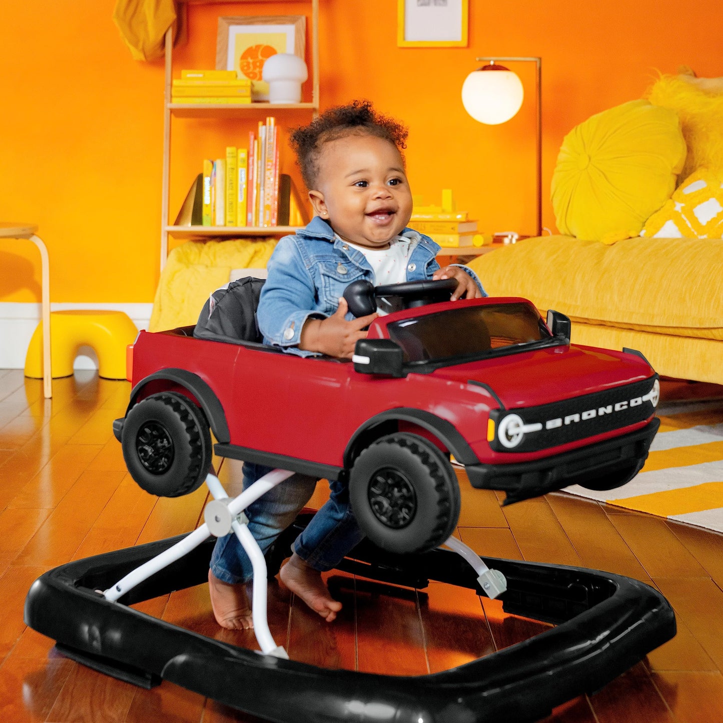 Bright Starts Ford Bronco 4-In-1 Red Baby Activity Center & Push Walker With Removable Interactive Steering Wheel -Toy, 6 Months