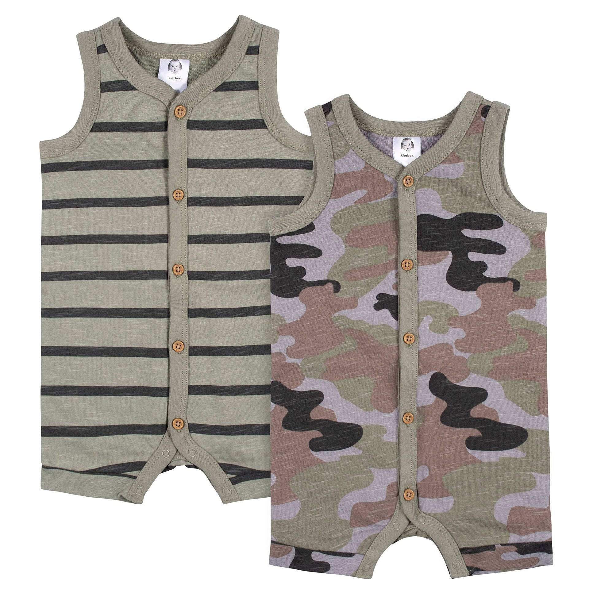 Gerber Baby Boys 2-Pack Short Leg Romper, Green, 0-3 Months
