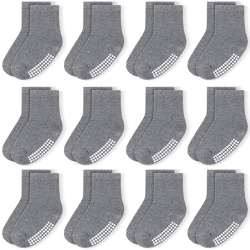 Jakidar 12 Pairs Baby Socks Cotton Crew Toddler Socks Grips Non Slip Bottom Kids Socks, Gray 12-24M