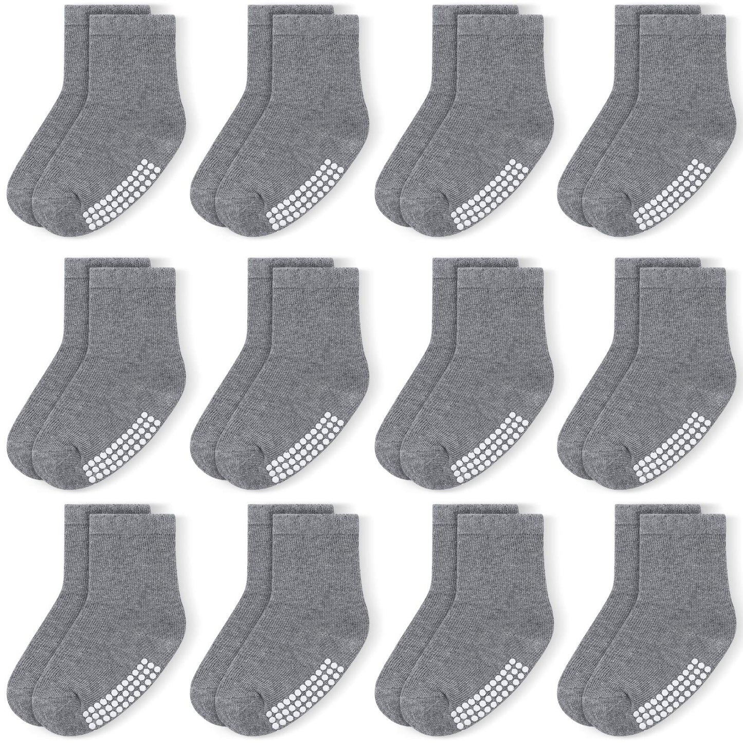 Jakidar 12 Pairs Baby Socks Cotton Crew Toddler Socks Grips Non Slip Bottom Kids Socks, Gray 2-4T