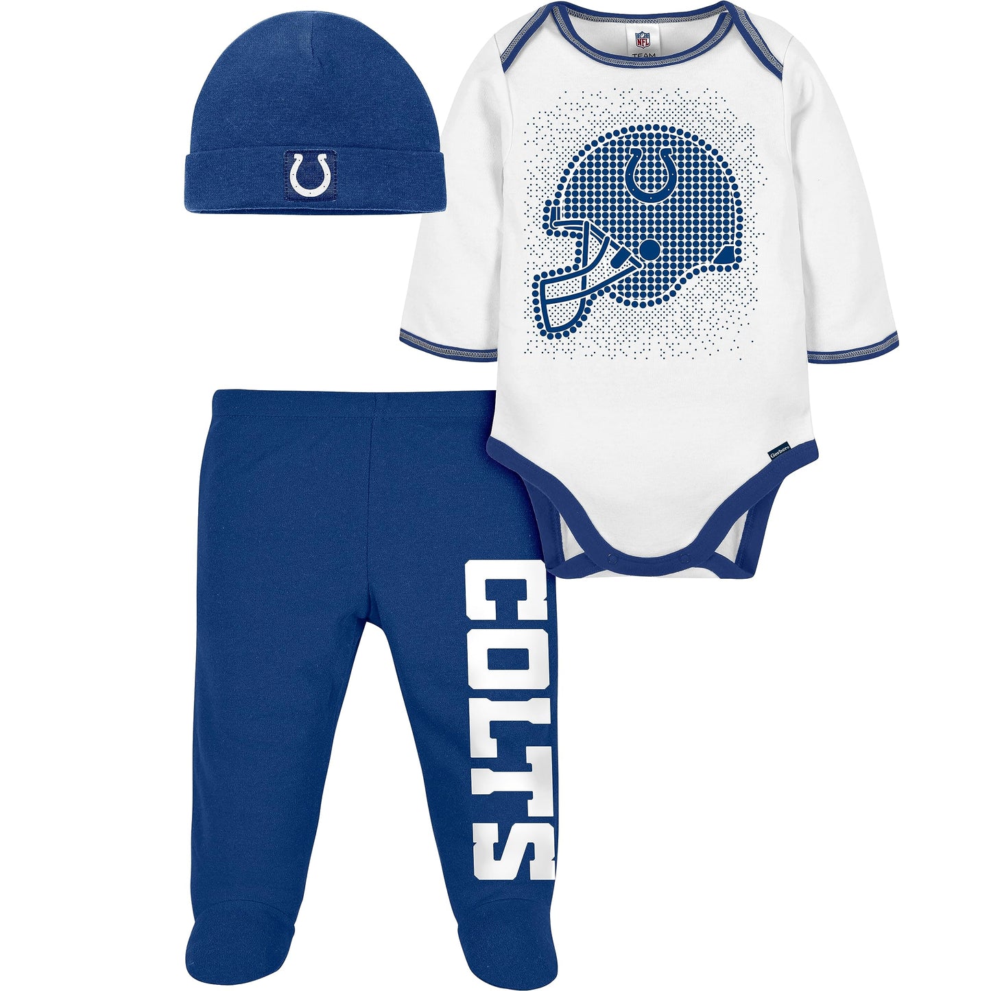 Gerber Nfl Baby Boys' 3Pc Bodysuit, Footed Pant, & Cap Set, Indianapolis Colts, 6-9 Months