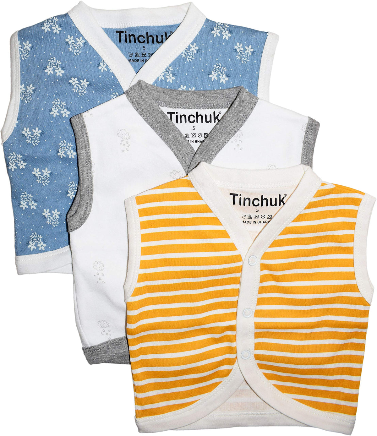 NammaBaby Cotton Front Open Sleeveless Vest Tshirt Multi Print Set of 3 (03 Months)