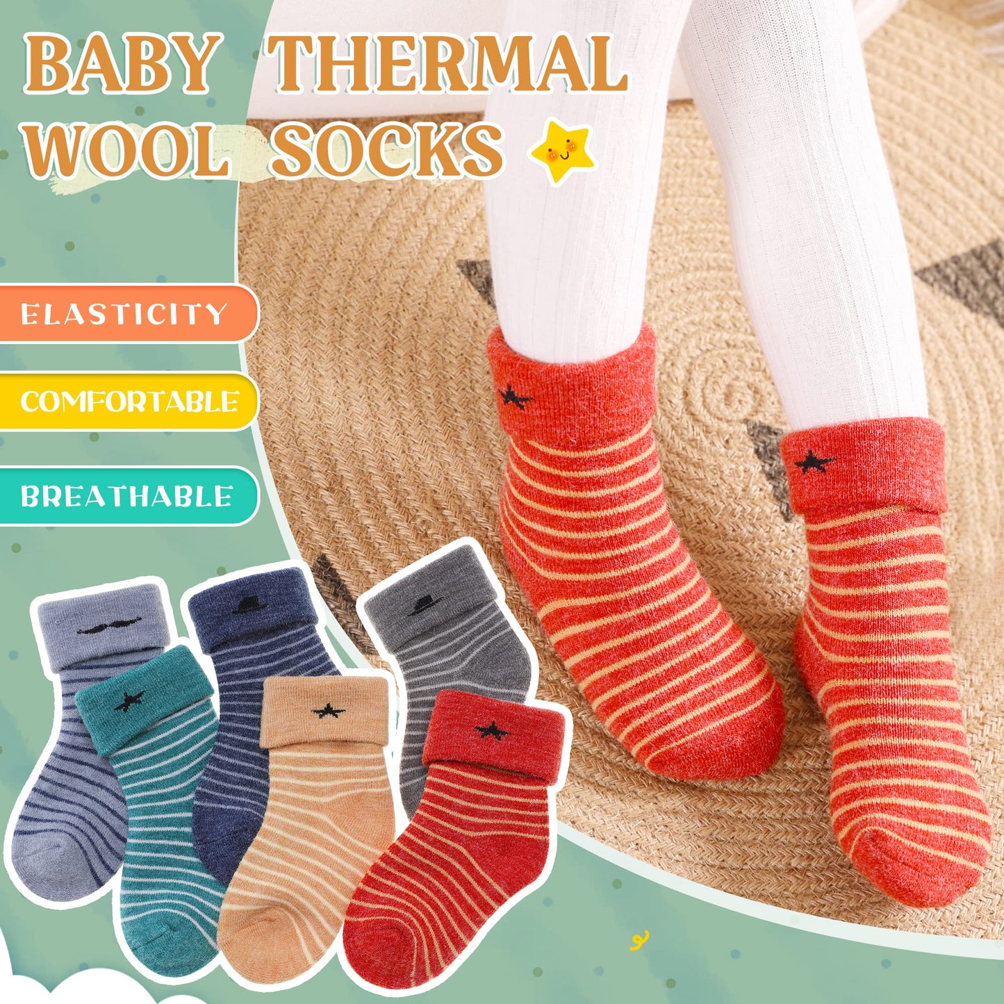 Eocom 6 Pairs Children'S Winter Thick Warm Wool Socks Soft Kids Socks Random Color (1-3 Years, Stripe)