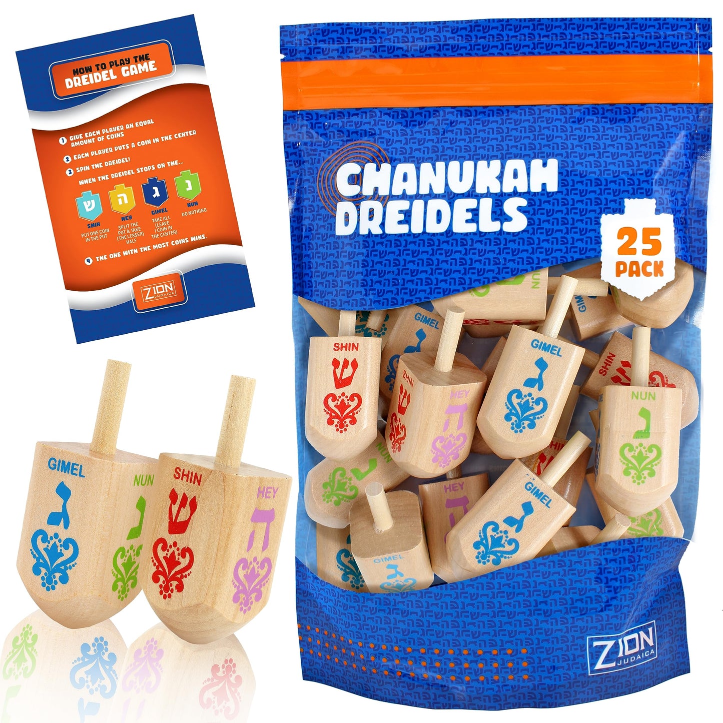 Zion Judaica Large Wood Dreidels Hanukkah Toy Bulk Pack Ziplock Bag 3' Wooden Driedels Natural Wood Spinning Top Dreidlech W/He
