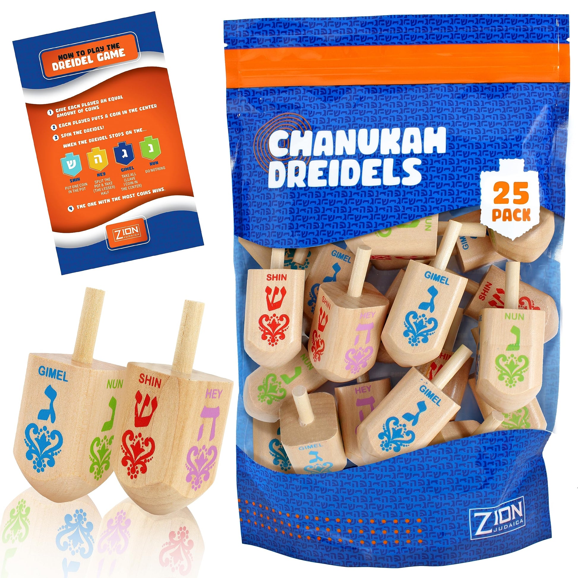 Zion Judaica Large Wood Dreidels Hanukkah Toy Bulk Pack Ziplock Bag 3' Wooden Driedels Natural Wood Spinning Top Dreidlech W/He