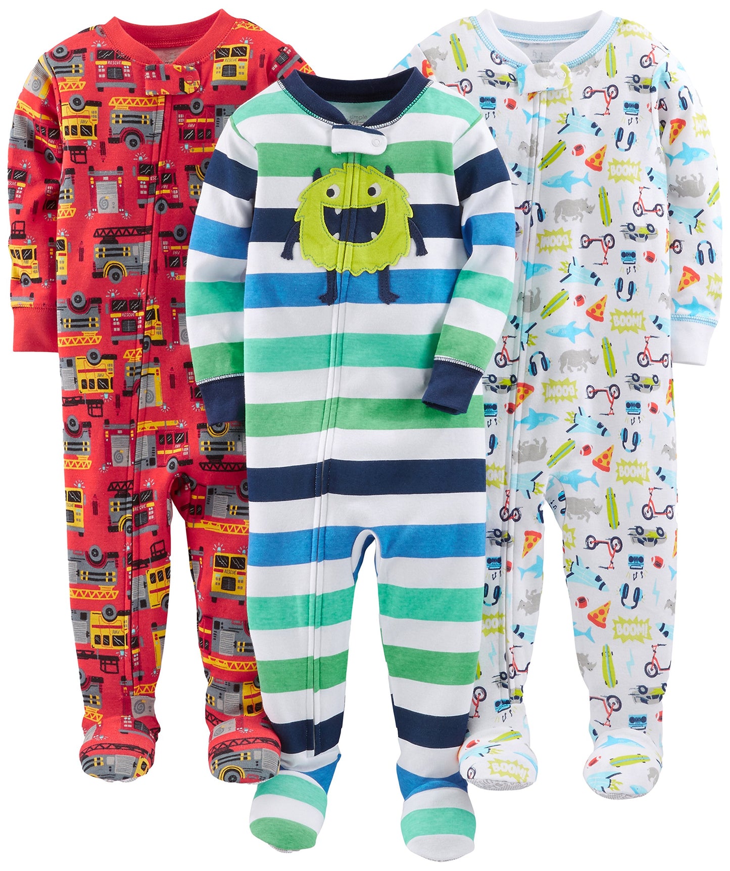Simple Joys By Carter'S Baby Boys' 3-Pack Snug Fit Footed Cotton Pajamas, Red Firetruck/White Sharks/Monster, 4T