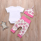 3Pcs/Set Newborn Baby Girls Outfit Auntie Bodysuit Romper With Headband+Donuts Long Pants Clothes Set (Pink, 6-12M)