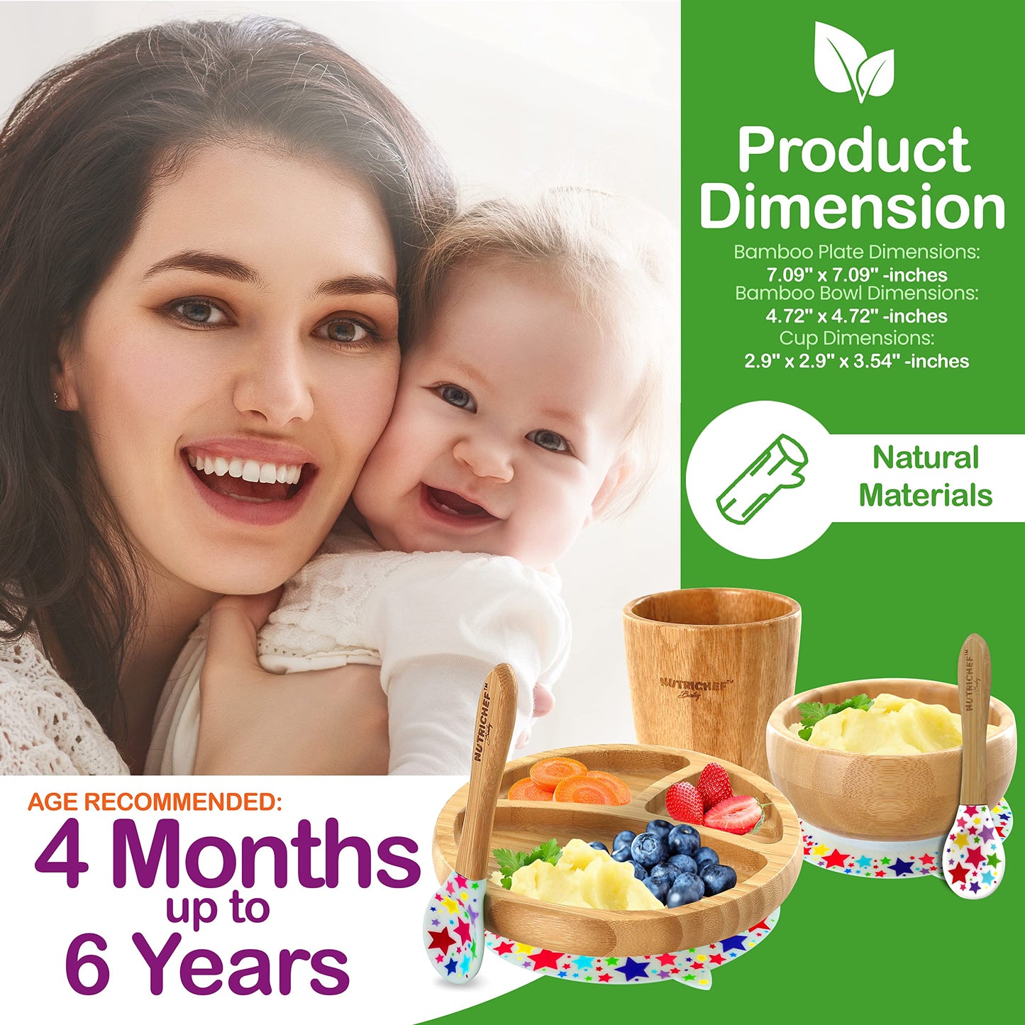 Nutrichef Round Bamboo Baby Plate, Star Set With Cup