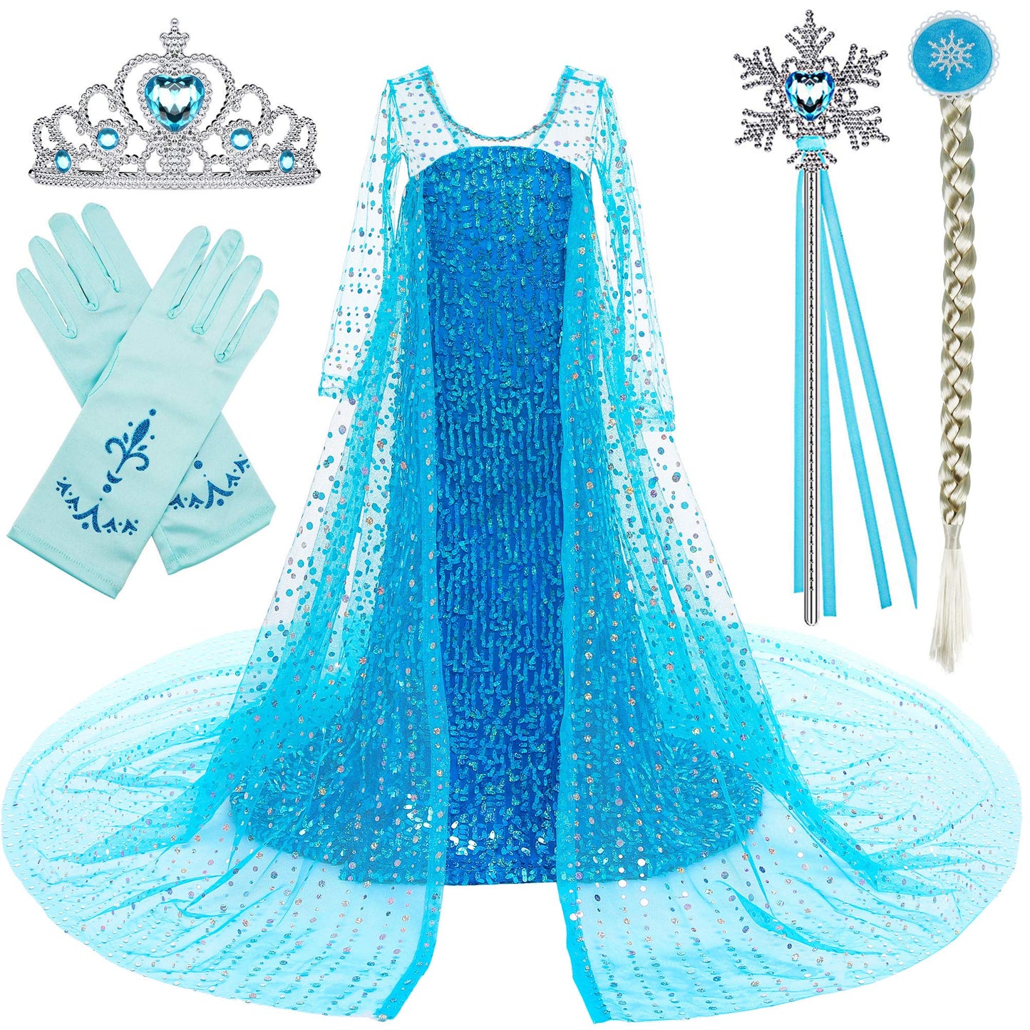 Princess Costume Long Cape Birthday Party Dress Up With Crown,Magic Wand,Wig,Gloves For Little Girls 5-6 Years(130Cm,E08)