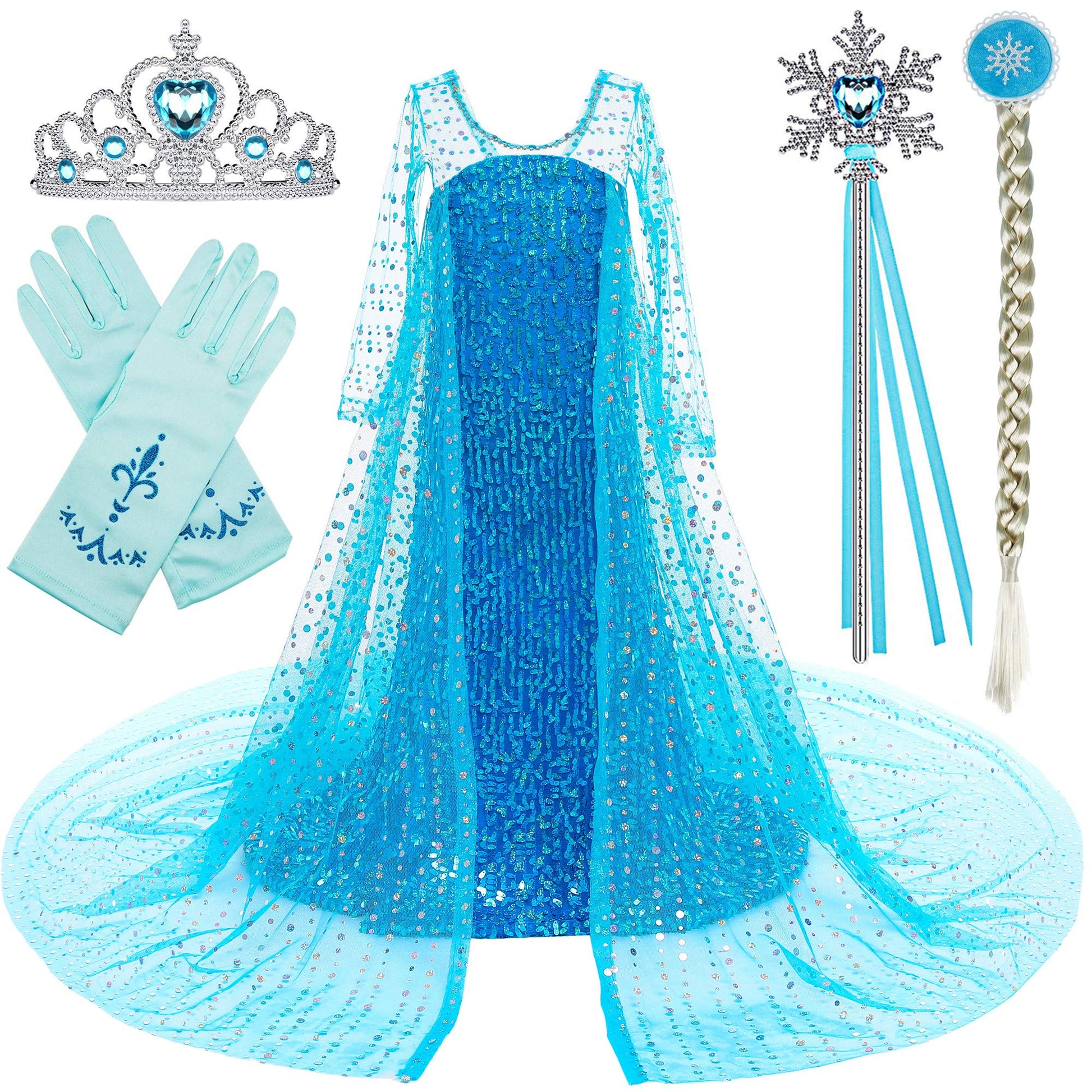 Princess Costume Long Cape Birthday Party Dress Up With Crown,Magic Wand,Wig,Gloves For Little Girls 5-6 Years(130Cm,E08)