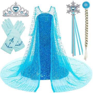 Princess Costume Long Cape Birthday Party Dress Up With Crown,Magic Wand,Wig,Gloves For Little Girls 5-6 Years(130Cm,E08)