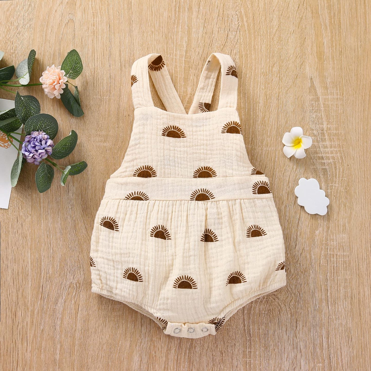 Newborn Girls Romper Jumpsuit Sun Print Sleeveless Hairband One-Pieces Bodysuits Baby Clothing (Beige, 0-6 Months, 6_Months)