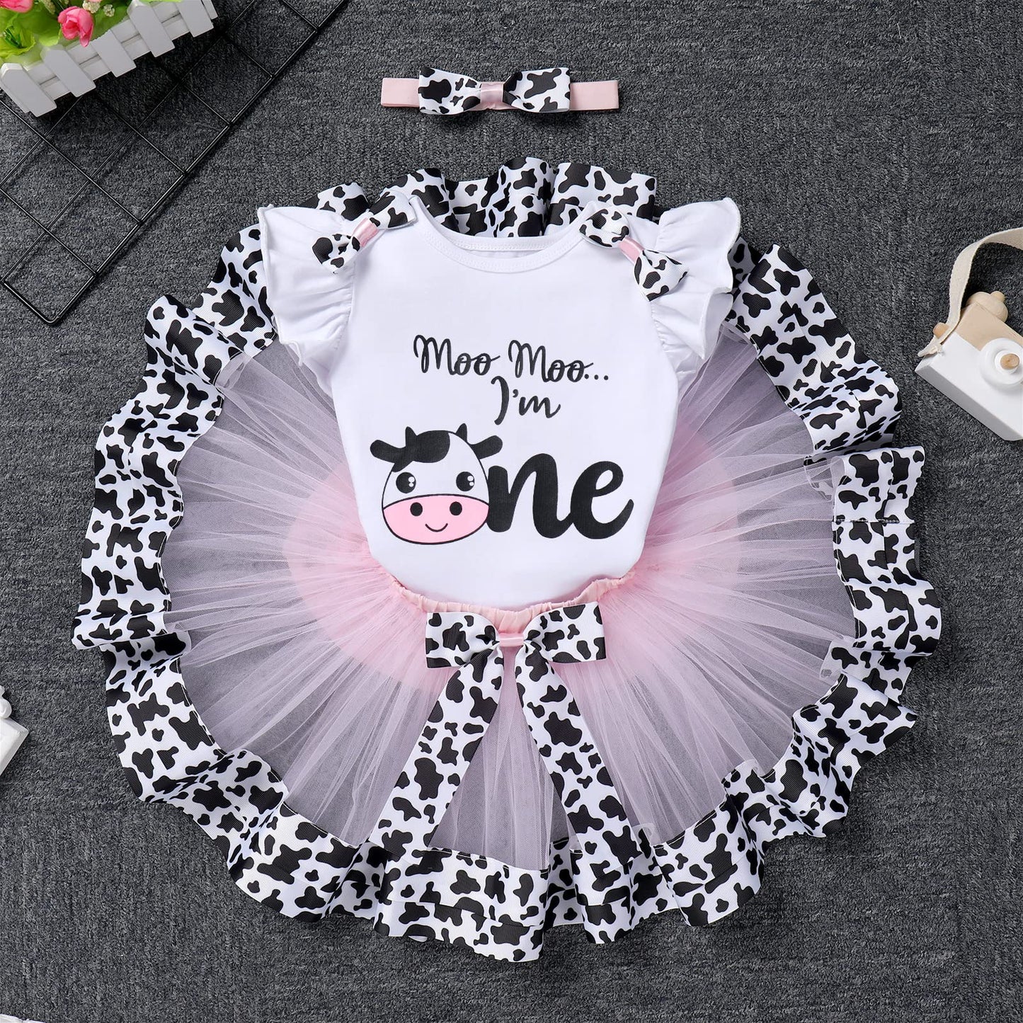 Baby Girls Cow 1St Birthday Outfit Farm Animals Fancy Dress Up Costume Flutter Sleeves Romper Tutu Skirt Headband Bowknot Tutu D