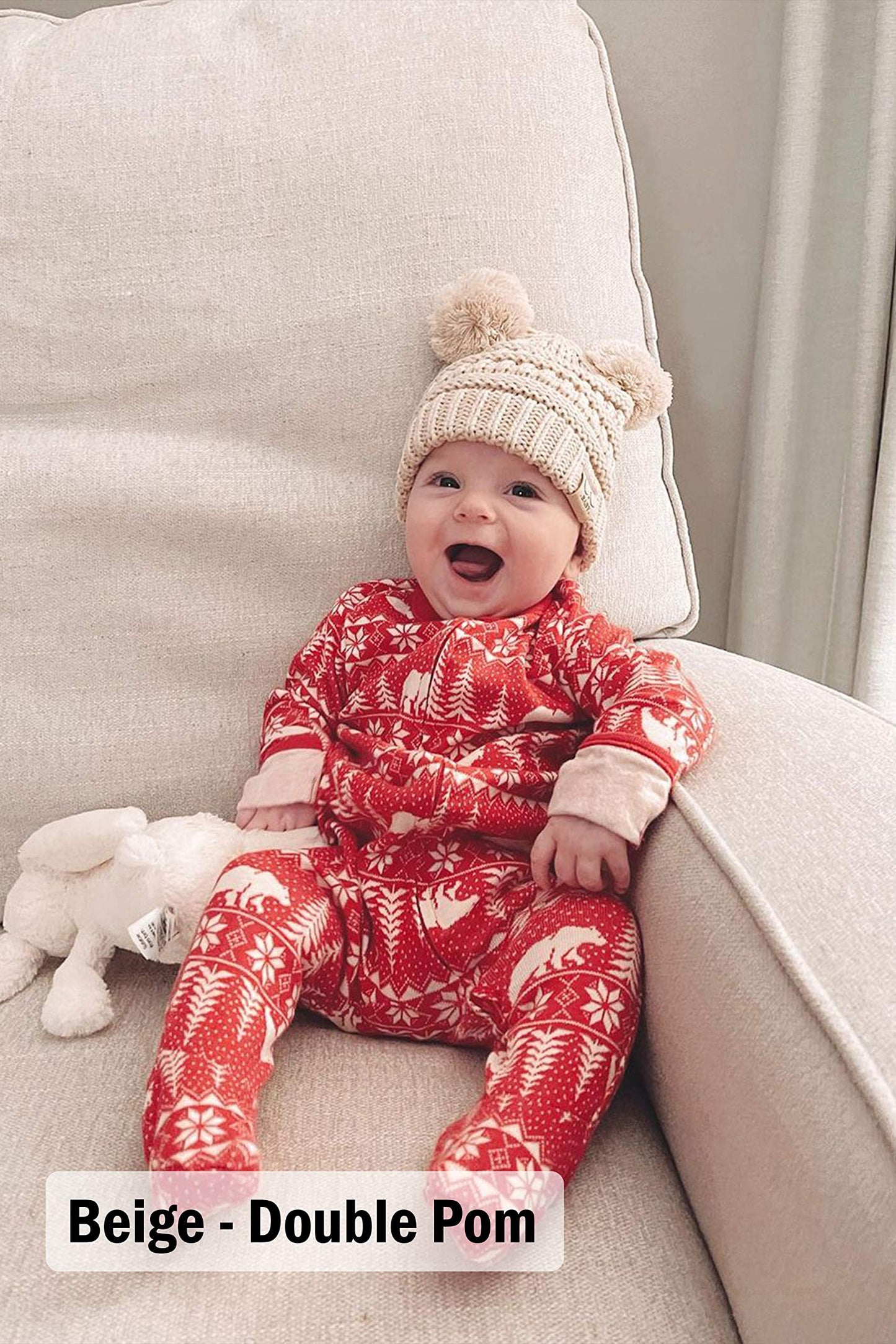 Funky Junque Baby Girl Winter Hat Double Pom Pom Beanie For Baby By Warm Knit Infant Skull Cap 2 Pack Ivory & Grey