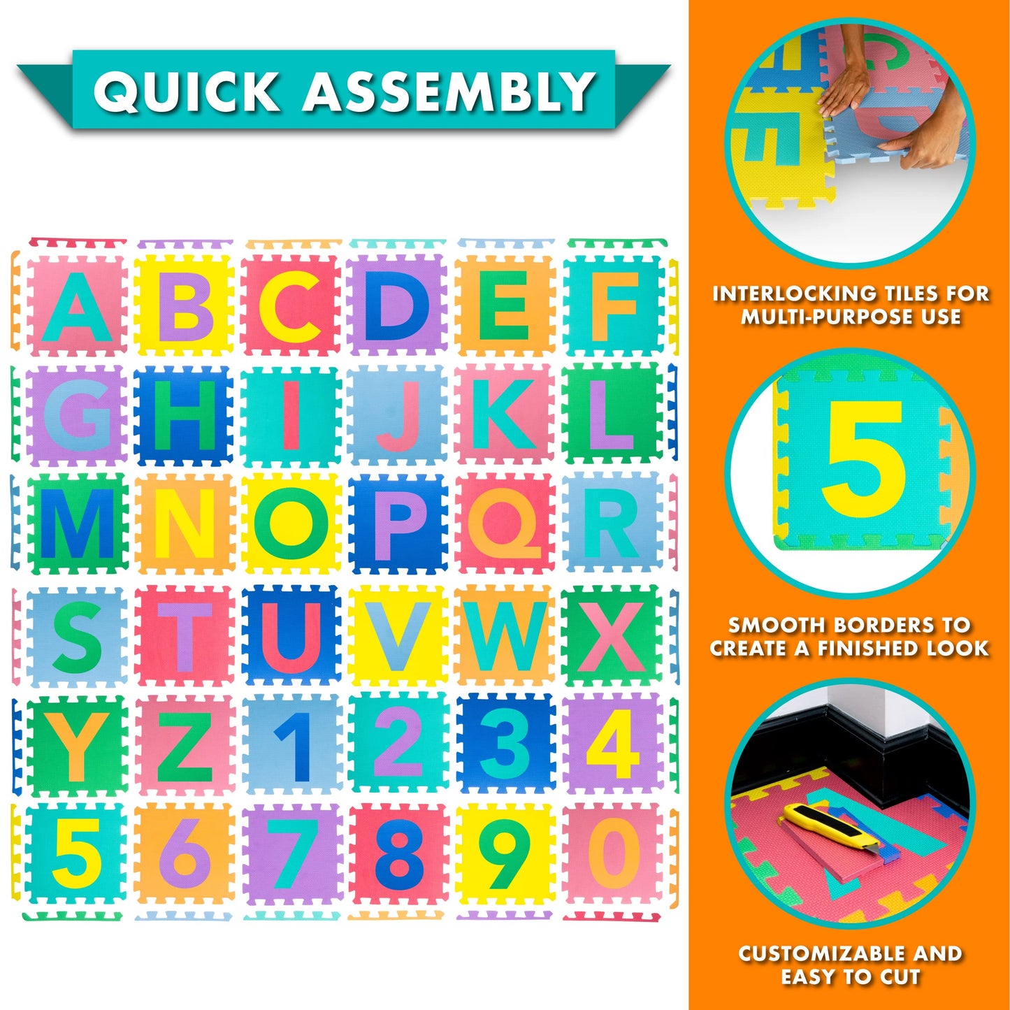 ProSource Kids Puzzle Alphabet, Numbers, 36 Tiles and Edges Play Mat, 12x12, Abc & 123