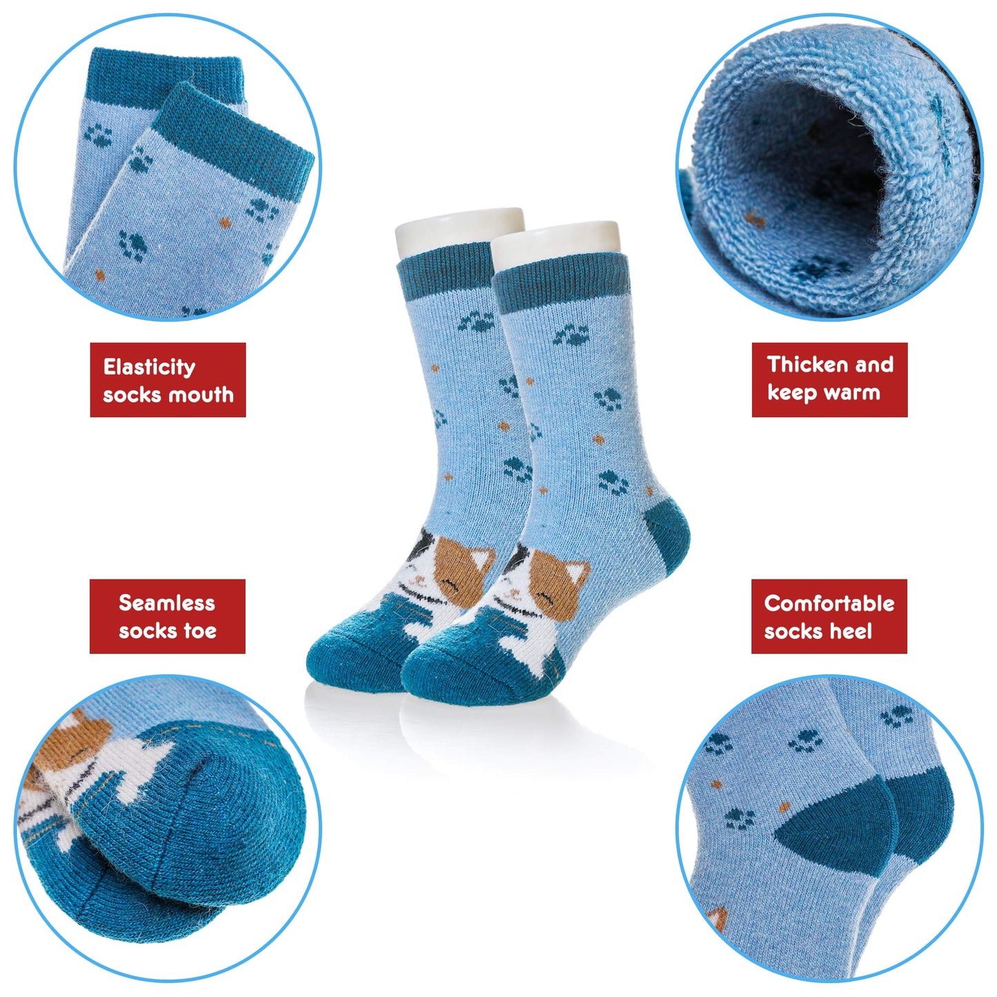 Dosmart Children'S Winter Warm Wool Solid Color Socks Kids Boy Girls Thermal Crew Socks 6 Pairs(Cat B, 1-3T)