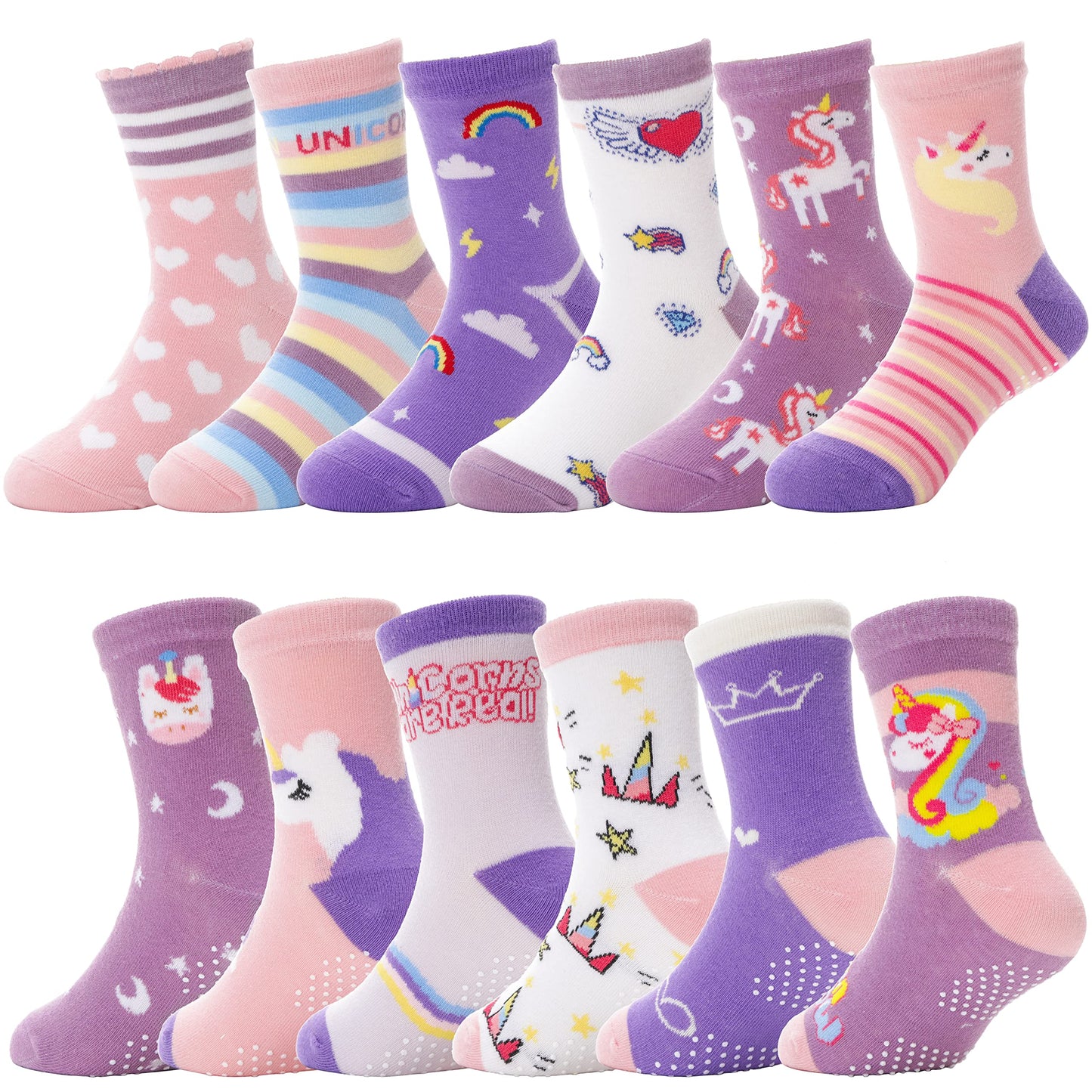 Baby Girls Toddlers Grips Socks Kids Non Slip/Anti Skid Unicorn Striped Crew Cotton Gift Socks 12 Pairs (Girl'S-Unicorn Purple(1