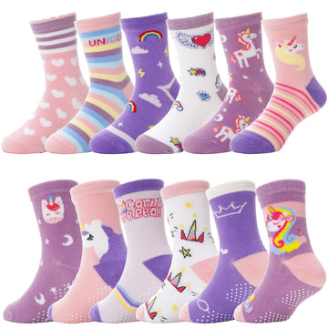 Baby Girls Toddlers Grips Socks Kids Non Slip/Anti Skid Unicorn Striped Crew Cotton Gift Socks 12 Pairs (Girl'S-Unicorn Purple(1