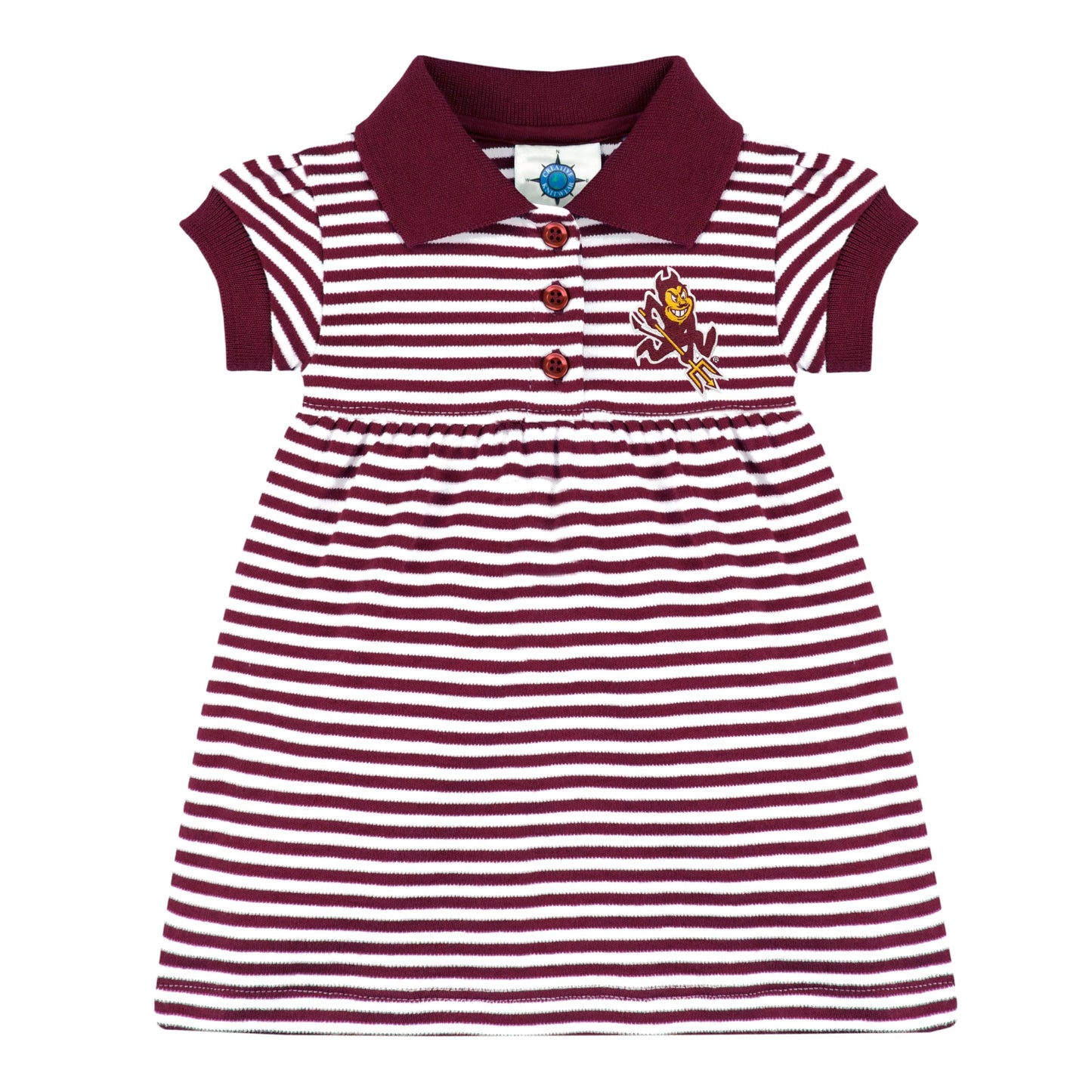 College Baby Striped Game Day Polo Dress With Bloomer - Arizona State Sun Devils Sparky Mascot Logo - Maroon/White - 3-6 Months