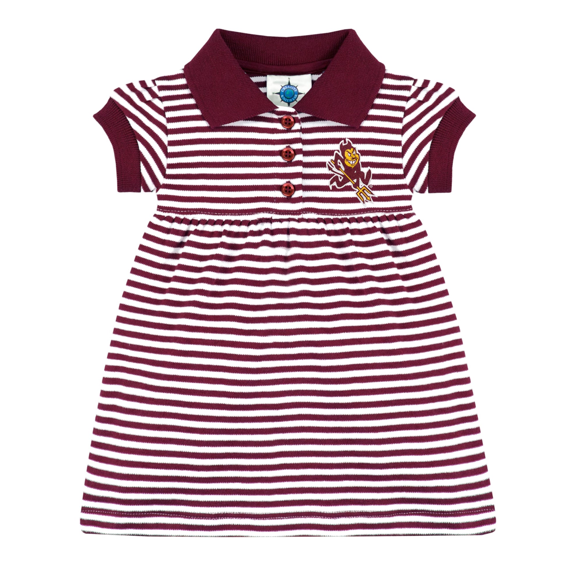 College Baby Striped Game Day Polo Dress With Bloomer - Arizona State Sun Devils Sparky Mascot Logo - Maroon/White - 3-6 Months