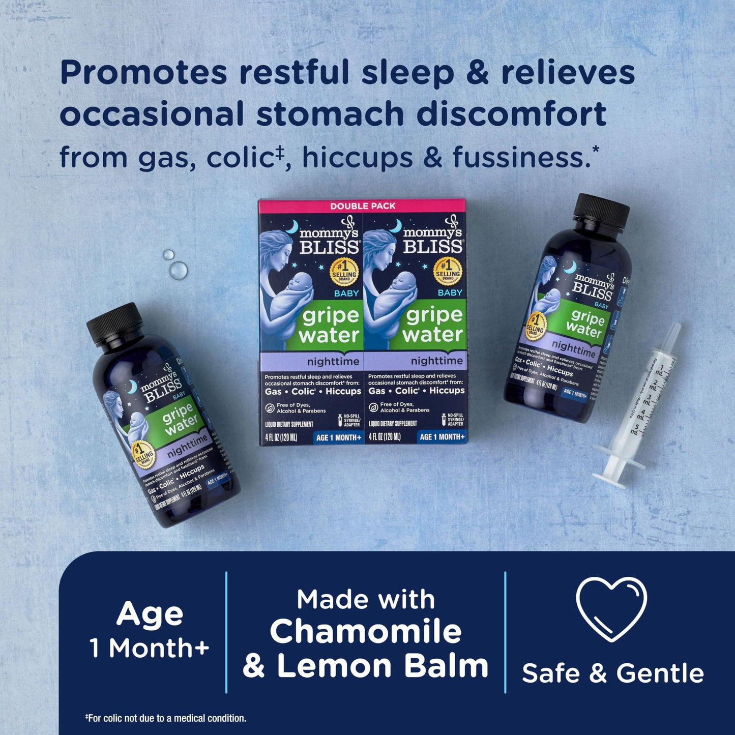 Mommy'S Bliss Gripe Water Night Time, Relieves Stomach Discomfort From Gas, Colic, Fussiness, & Hiccups, Gentle & Safe, For Infa