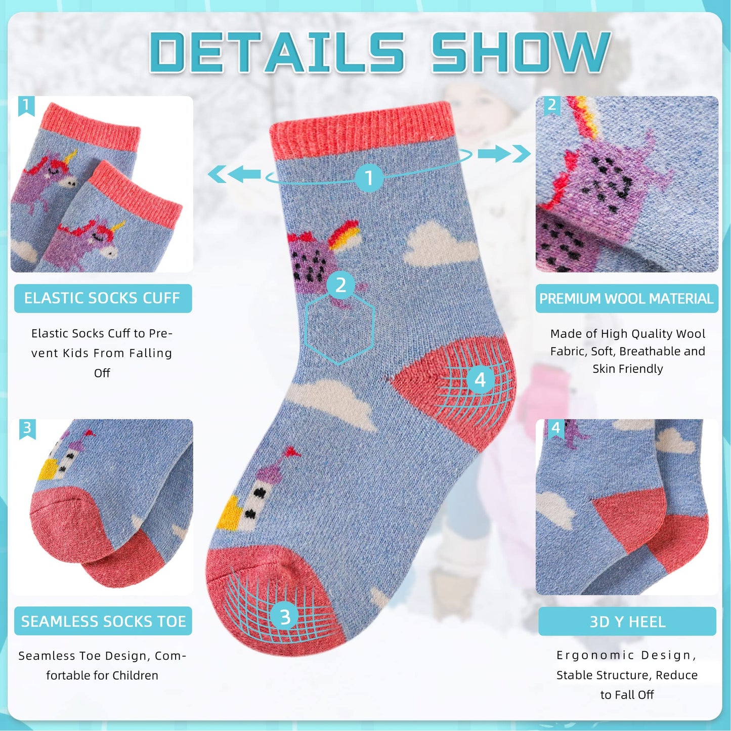 Eocom 6 Pairs Children'S Winter Warm Wool Animal Crew Socks Kids Boys Girls Socks (Unicorn C, 8-12 Years)