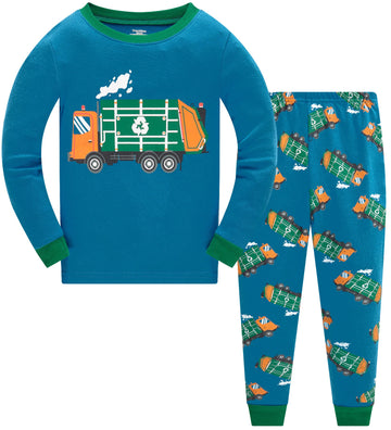 Boys Garbage Truck Pajamas Long Sleeve Cotton Pj Sets Toddler Green Sleepwear Kids 2 Piece Winter Pjs 3T