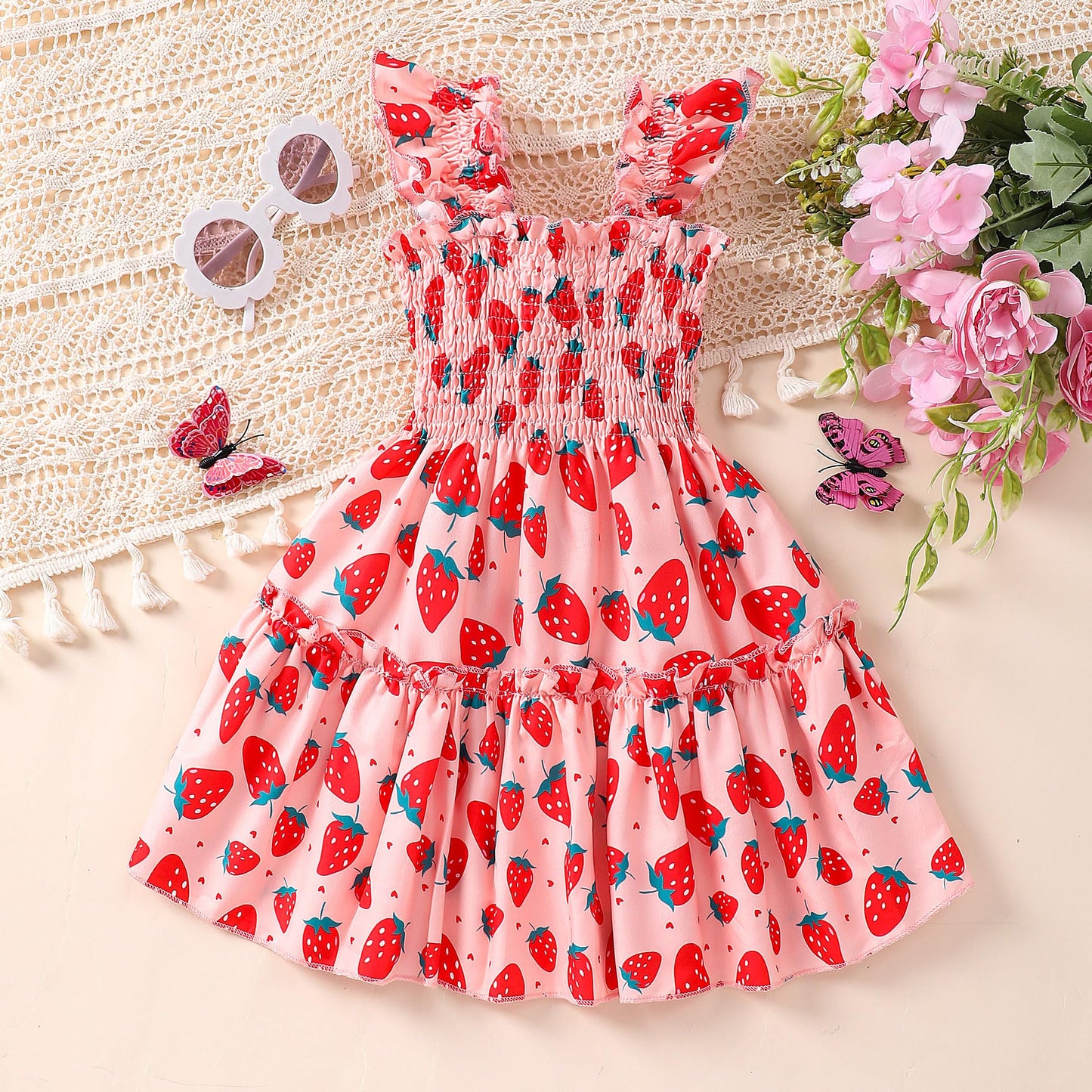 Retsugo Baby Girl Strawberry Dress Ruffle Sleeve Twirly Tiered Smocked Sundress Toddler Kids Pink Shirred Dresses 6-7 Years