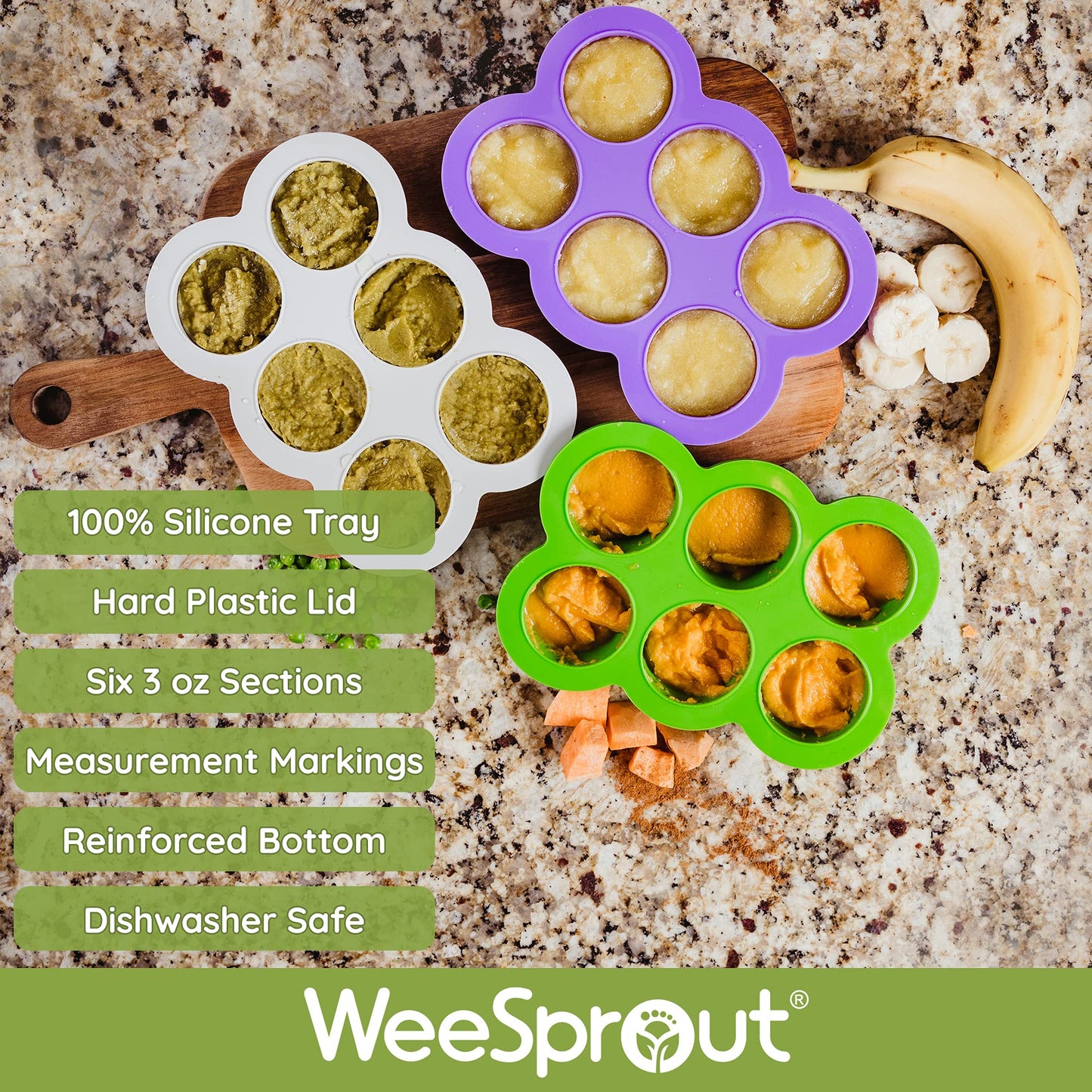 Weesprout Silicone Freezer Tray With Clip On Lid Perfect Food Storage Container For Homemade Baby Food, Vegetable, Fruit Purees,