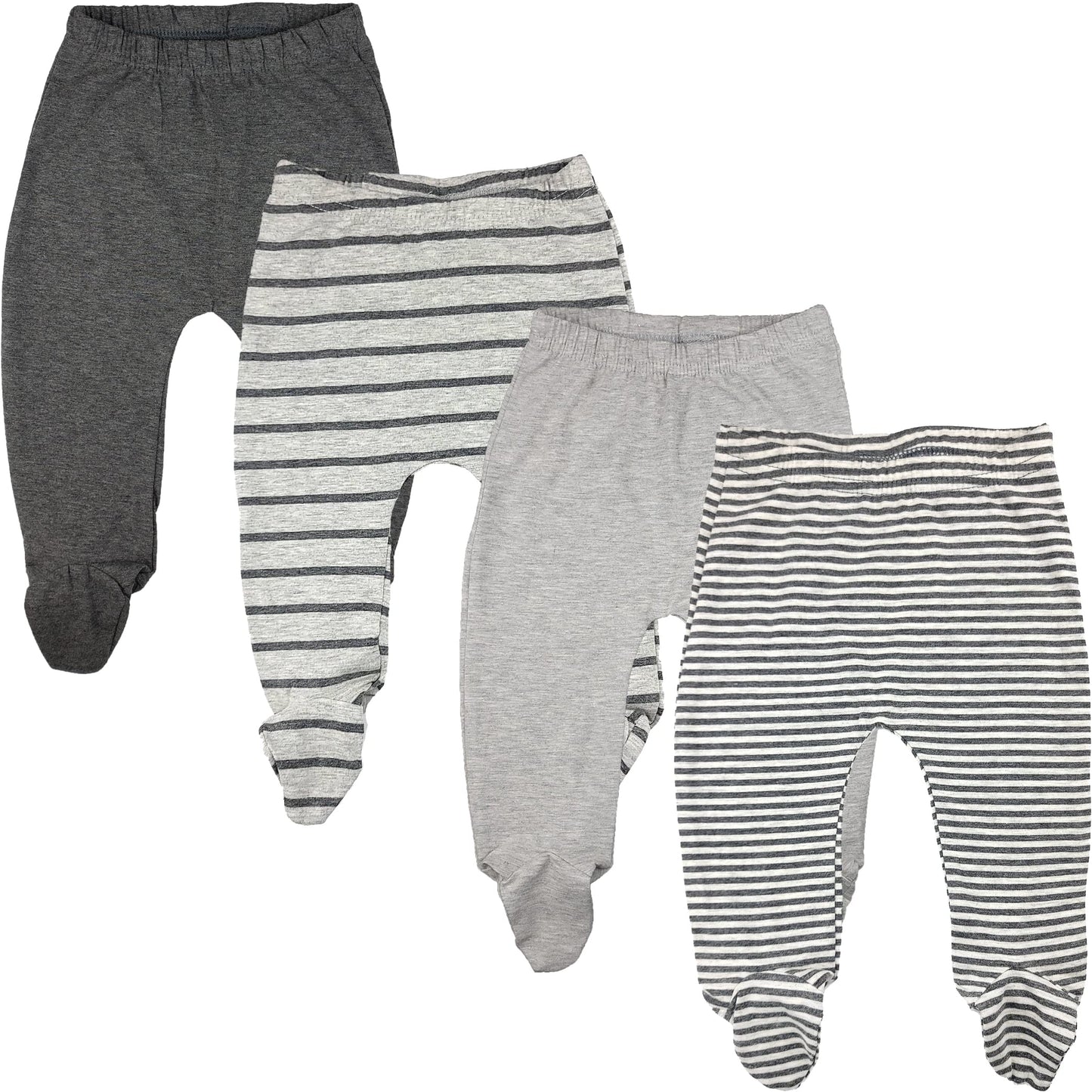 123 Bear Baby Soft Cotton Spandex Pants With Feet (Gray Stripe 4-Pack, 0-3 Months)