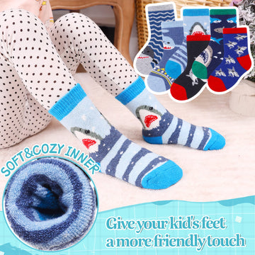 Eocom 6 Pairs Children'S Winter Warm Wool Animal Crew Socks Kids Boys Girls Socks (Shark, 4-7X)