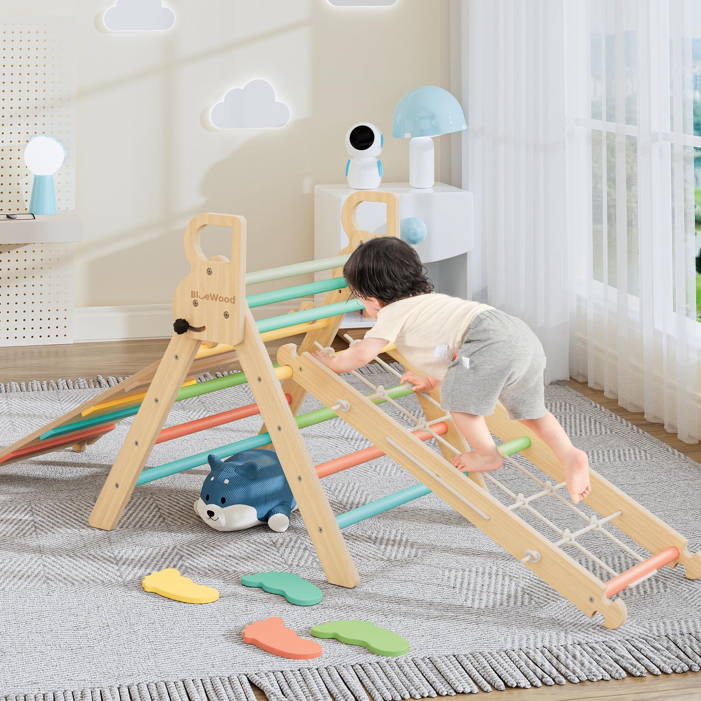 Bluewood 10-In-1 Pikler Triangle Set, Toddler Climbing Toys Indoor, Montessori Climber, Baby Jungle Gyms With Arch, Extra Rope L