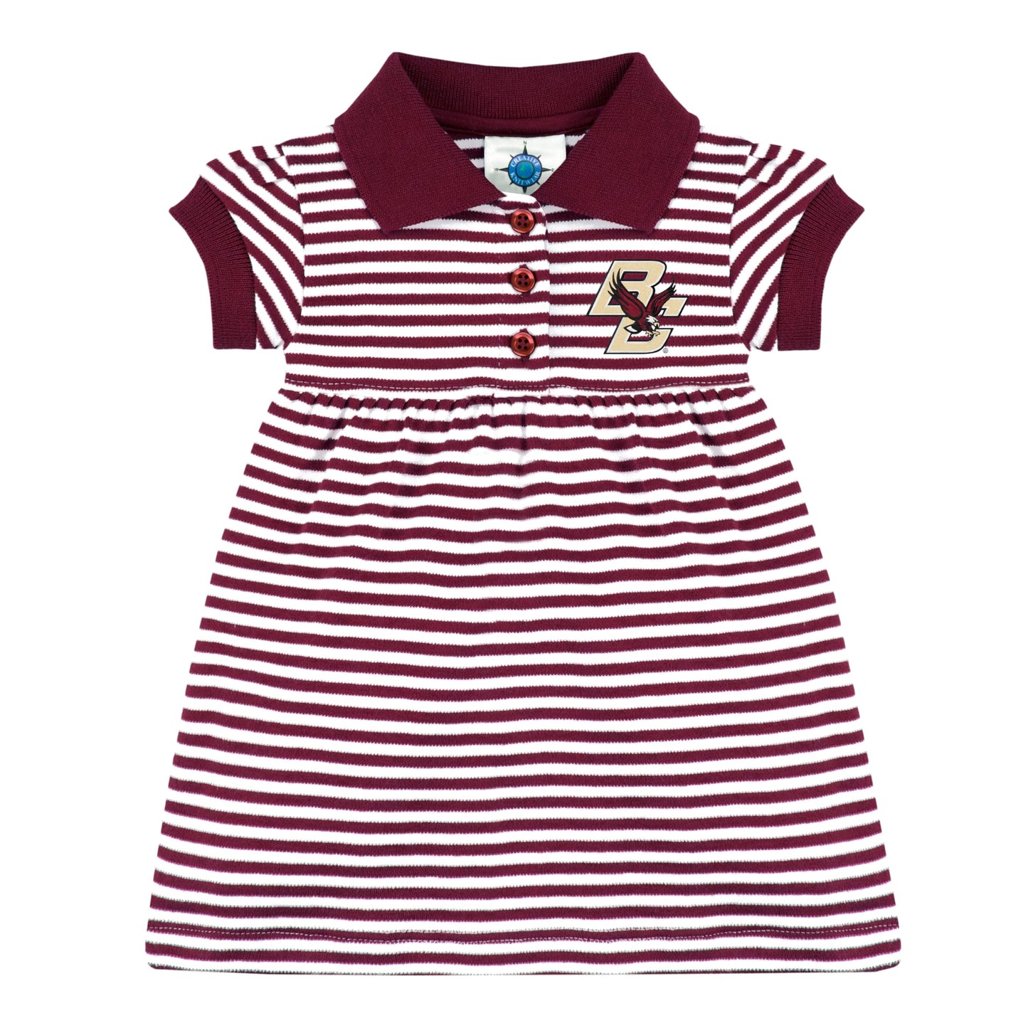 College Baby Striped Game Day Polo Dress With Bloomer - Boston College Eagles Logo - Maroon/White - 12 Months