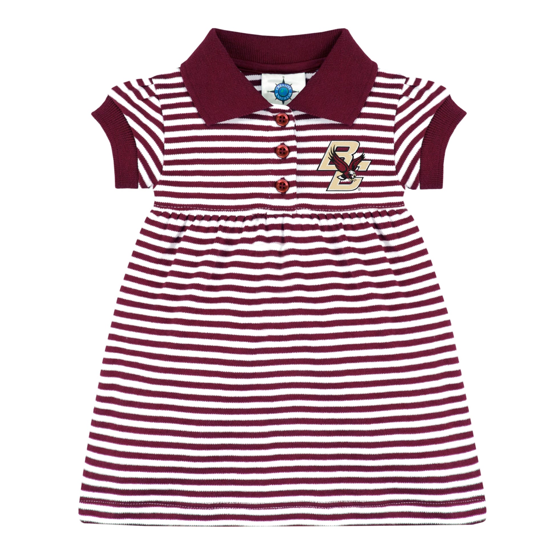 College Baby Striped Game Day Polo Dress With Bloomer - Boston College Eagles Logo - Maroon/White - 12 Months