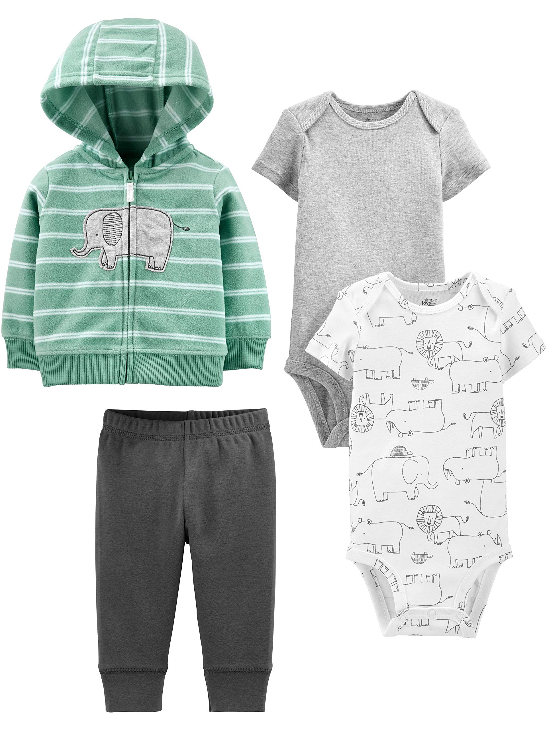 Simple Joys by Carters Baby 4-Piece Neutral Jacket, Bodysuit, and Pant Set, Mint Green, Elephant, 3-6 Months