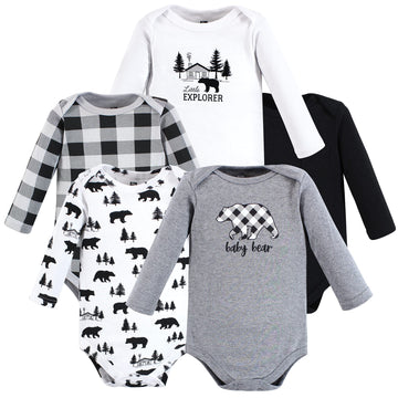 Hudson Baby Unisex Baby Cotton Long-Sleeve Bodysuits Baby Bear Gray Black 5-Pack, 0-3 Months
