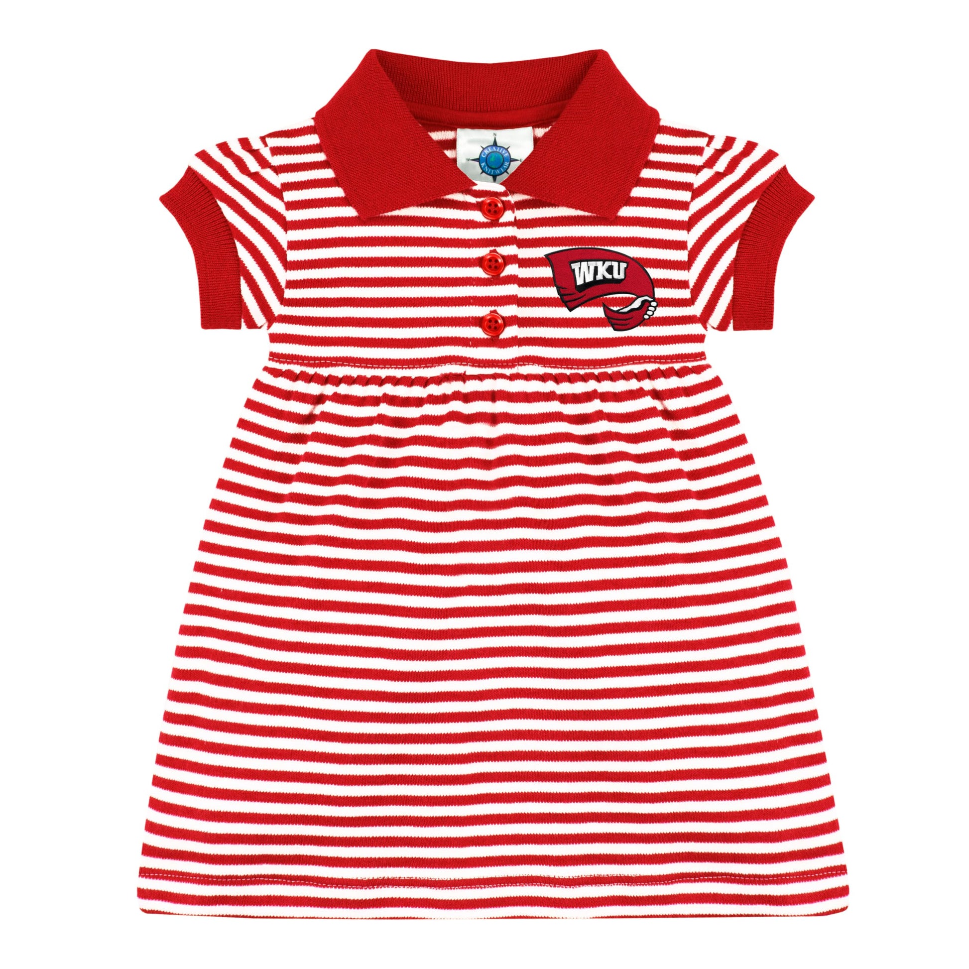 College Baby Striped Game Day Polo Dress With Bloomer - Western Kentucky Hilltoppers Logo - Red/White - 0-3 Months
