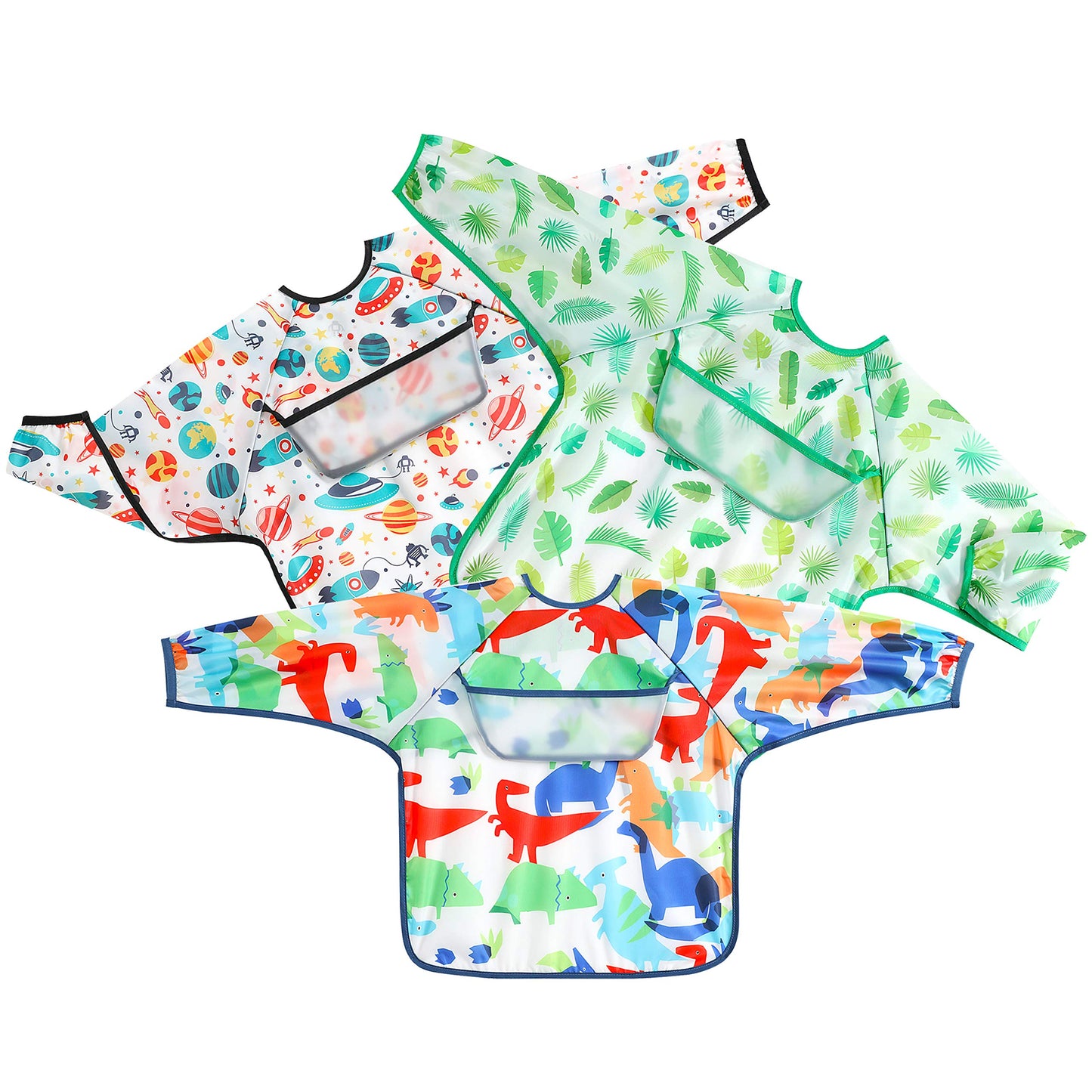 Pandaear (3 Pack Long Sleeve Bibs| Waterproof Full Sleeve Bib For Baby Infant Toddler 6-36 Months (Dinosaur)