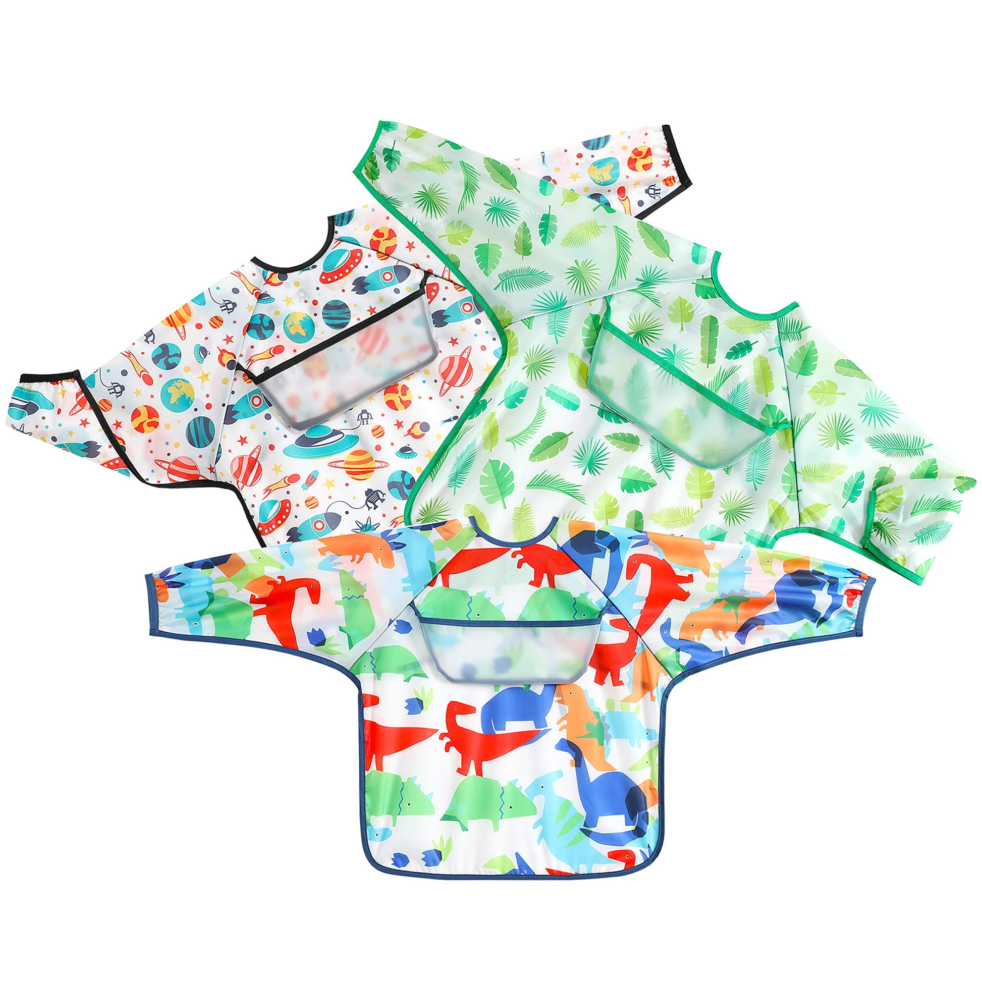 Pandaear (3 Pack Long Sleeve Bibs| Waterproof Full Sleeve Bib For Baby Infant Toddler 6-36 Months (Dinosaur)