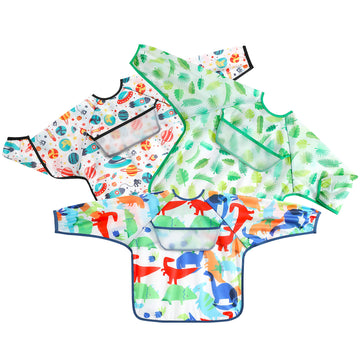 Pandaear (3 Pack Long Sleeve Bibs| Waterproof Full Sleeve Bib For Baby Infant Toddler 6-36 Months (Dinosaur)