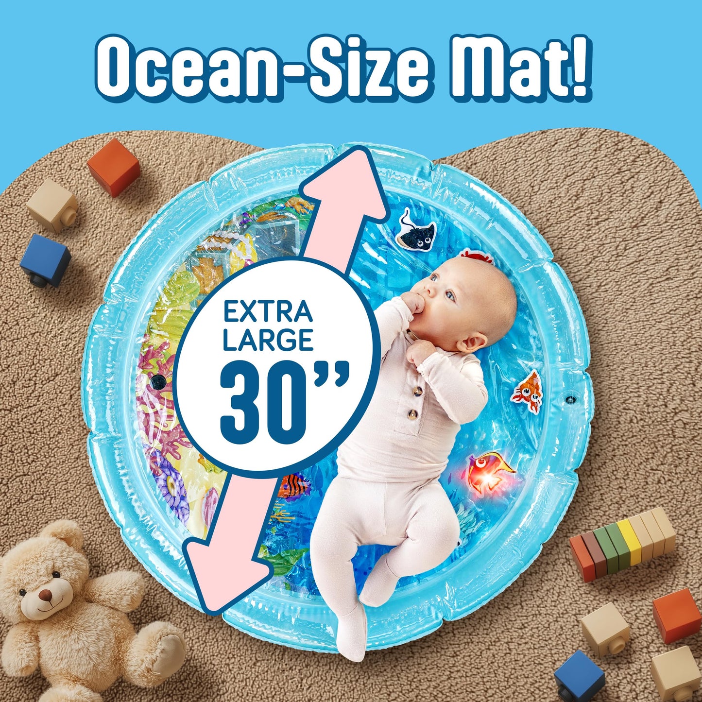 Splashez Lights Up Tummy Time Water Mat For Babies, 30' X-Large Baby Water Mat Tummy Time For Sensory Play With Led Glowing Fis