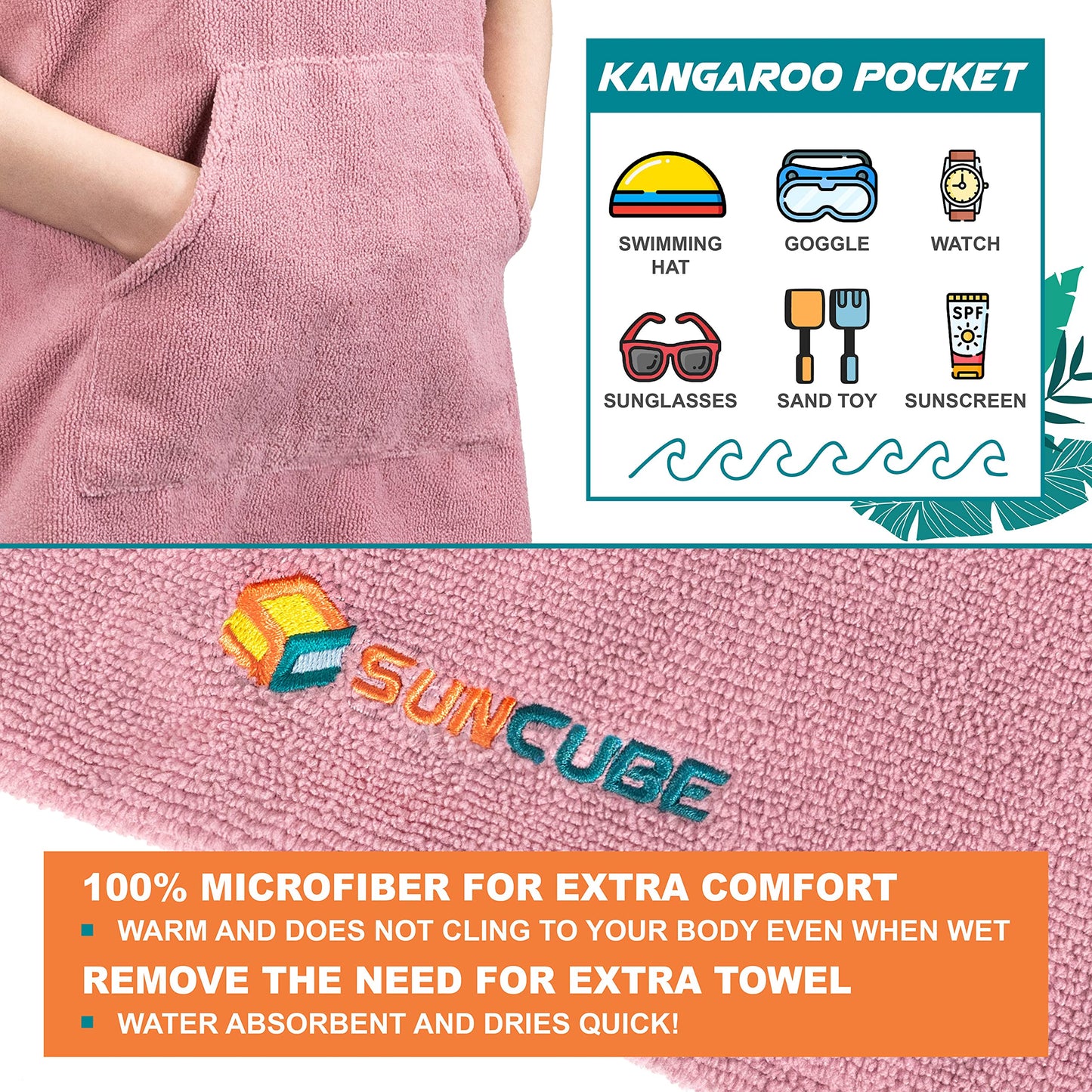 Sun Cube Kids Changing Robe Surf Poncho, Kids Beach Towels, Hooded Towel For Teens Bath Pool, Microfiber Quick Dry Wearable Towe
