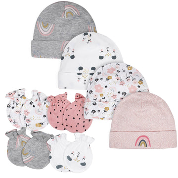 Gerber Baby Girls Cap And Mitten Sets 8Pc Pink Bear 0-3 Months