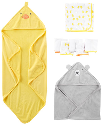 Simple Joys By Carter'S Unisex Babies' 8-Piece Towel And Washcloth Set, Grey Bear/Yellow Ducks, One Size