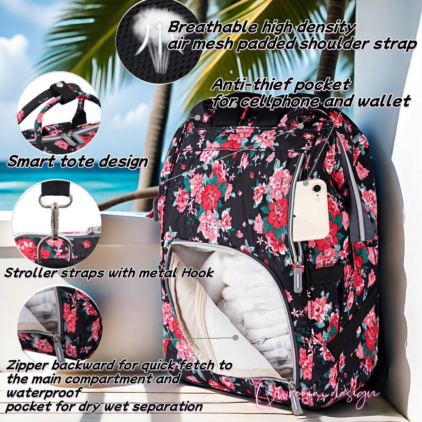 Qwreoia Floral Diaper Bag Backpack With Usb Charging Port Stroller Straps And Insulated Pocket, Travel Bag Nappy Backpack For Wo