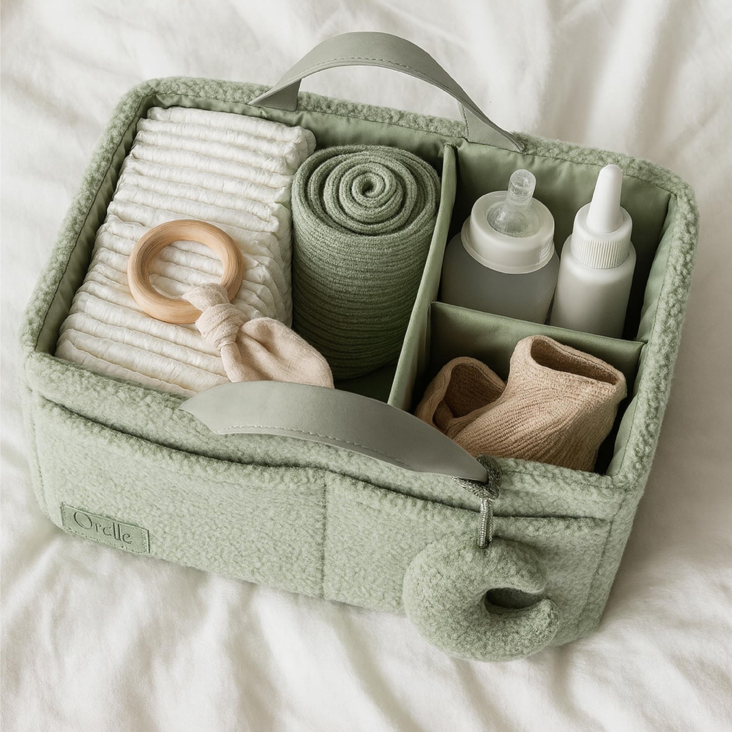Orelle Boucl   Diaper Caddy Organizer with Matching Pouch & Moon Pendant | Teddy Portable Changing Table Organizer | Sage Green
