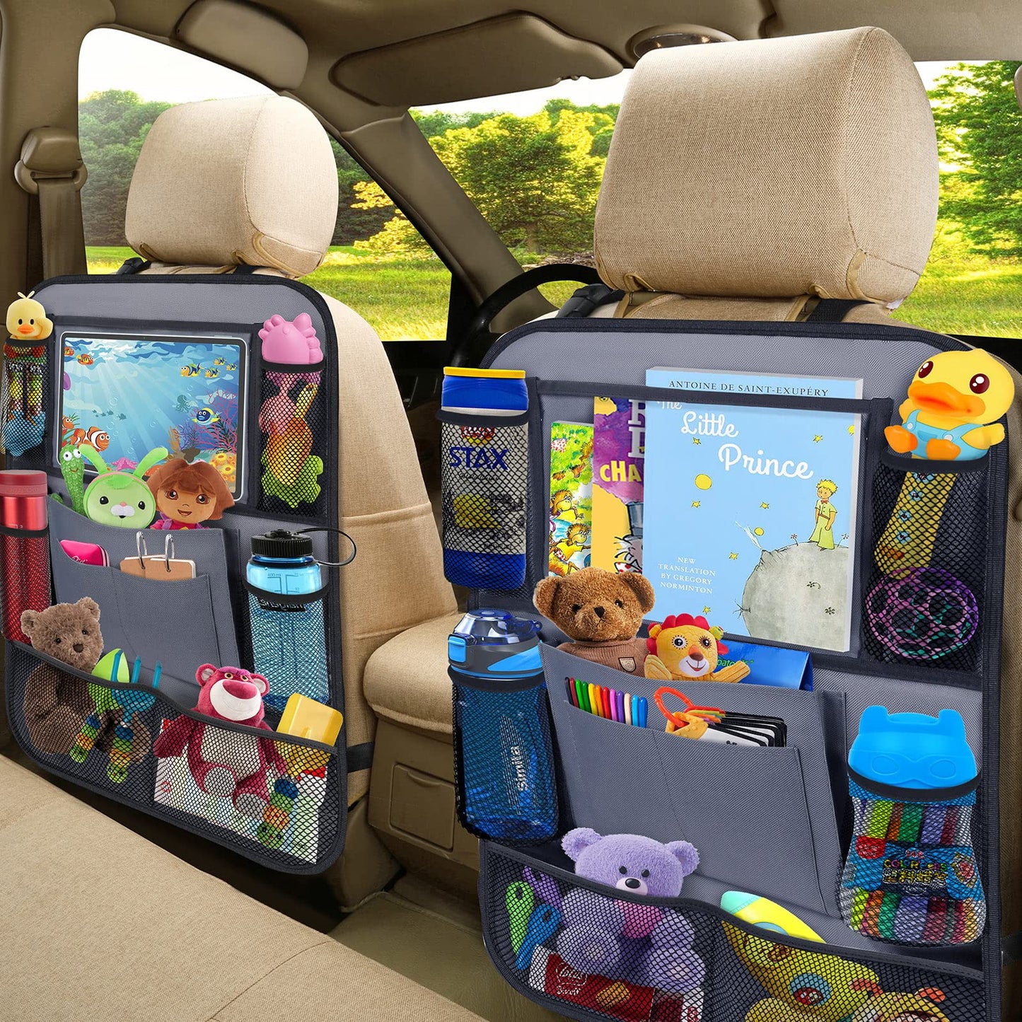 ULEEKA Car Backseat Organizer with 11 Table Holder, 10 Storage Pockets Seat Back Protectors Kick Mats for Kids Toddlers, Travel