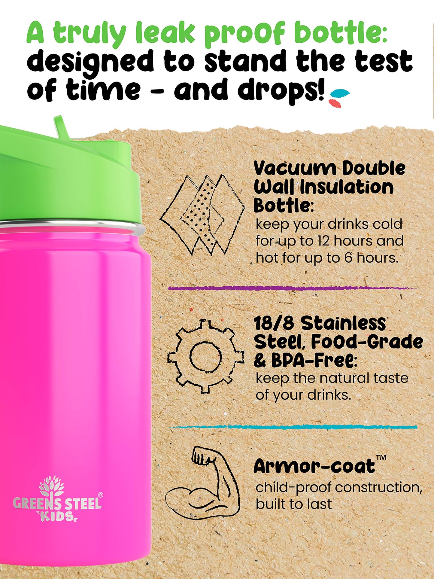 Kids Water Bottle - 12Oz Pink  Leak Proof With Straw & Handle  24 Hours Cold  Insulated, Double Wall Stainless Steel  Easy Sip T