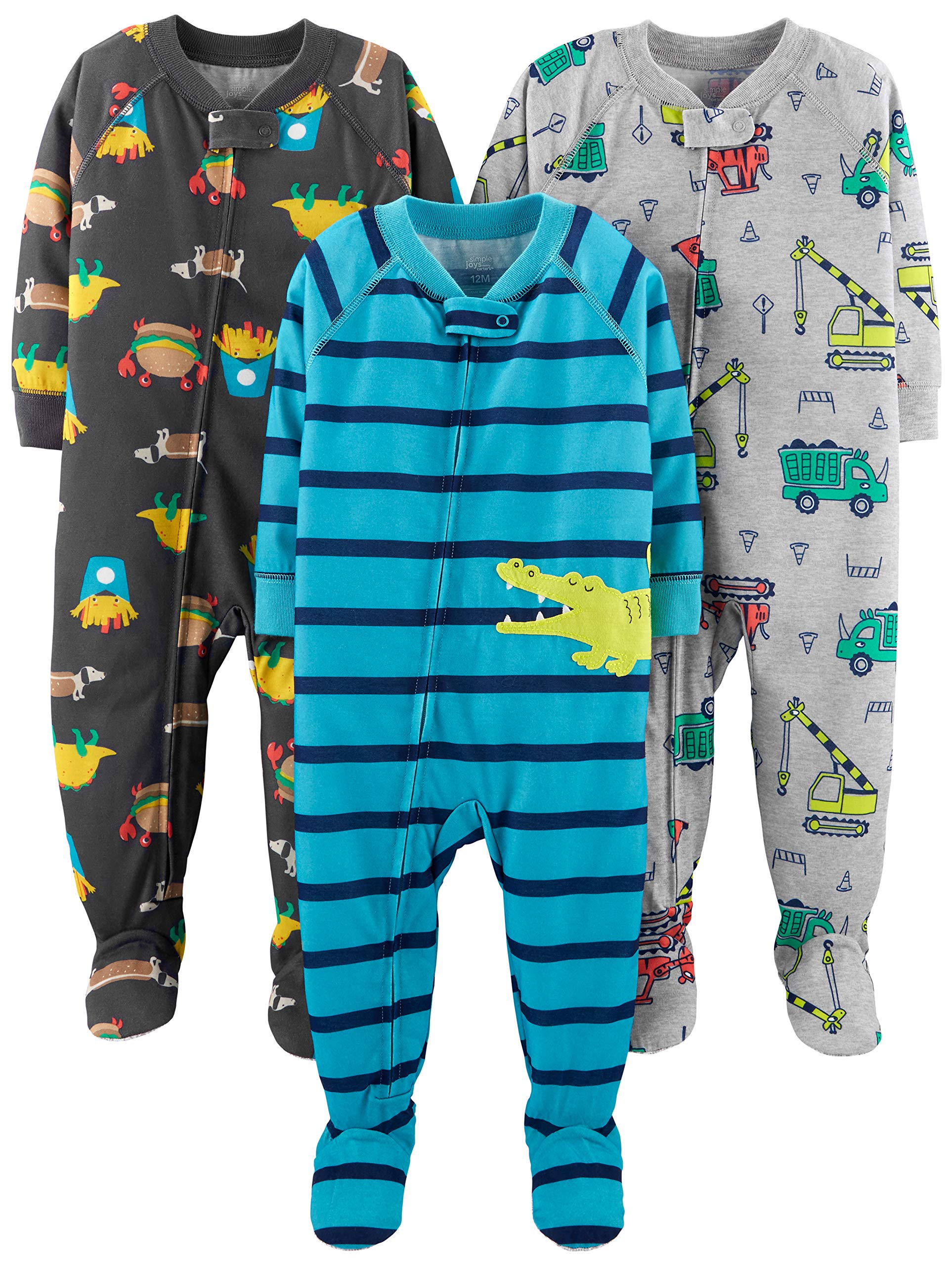 Simple Joys by Carters Baby Boys 3-Pack Loose Fit Flame Resistant Polyester Footed Pajamas Sleepwear, food/Trucks/alligator, 1