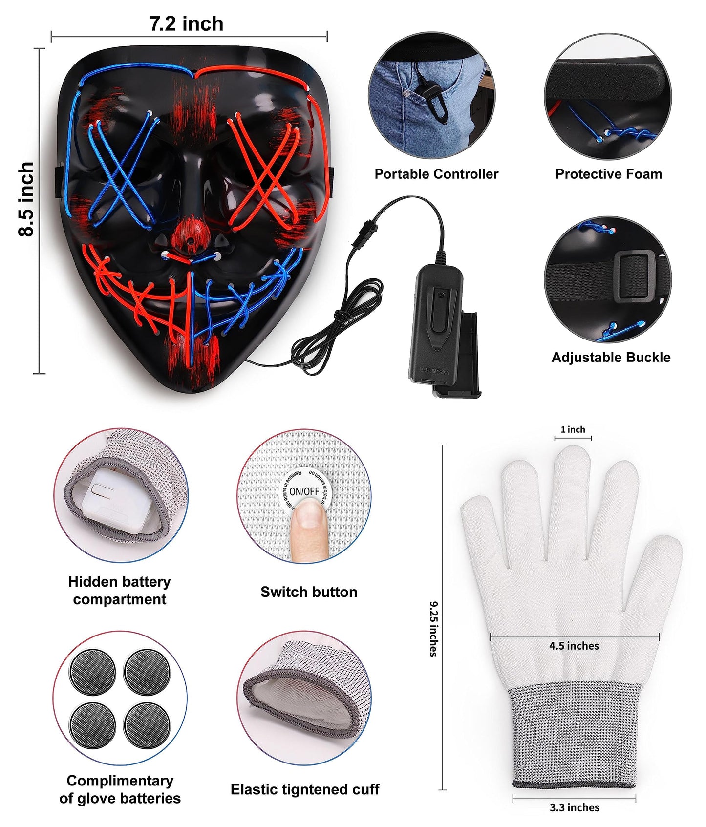 Halloween Mask Skeleton Gloves Set, Halloween Costumes Gifts For Men Women Boys Girls, 3 Modes Light Up Scary Led Mask With Led